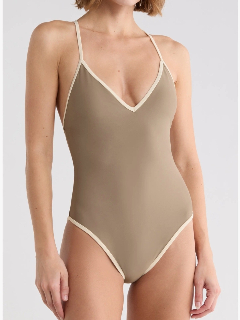 VINCE Swim Classic V‑Neck One‑Piece Swimsuit in Taupe with Contrast Trim NWT